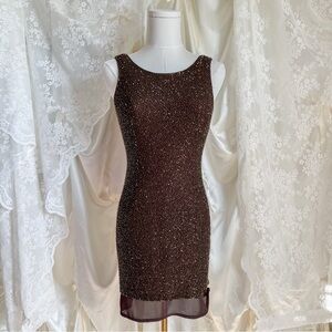 Chocolate Brown 100% Silk Full Beaded Dress